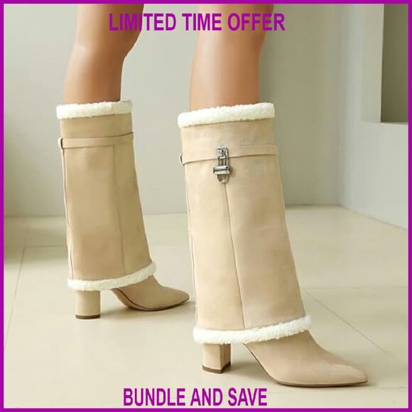 Fold Over Boots with Padlock Mid Calf Pointed Toe Chunky Heel Fur Collar - Picture 8 of 8